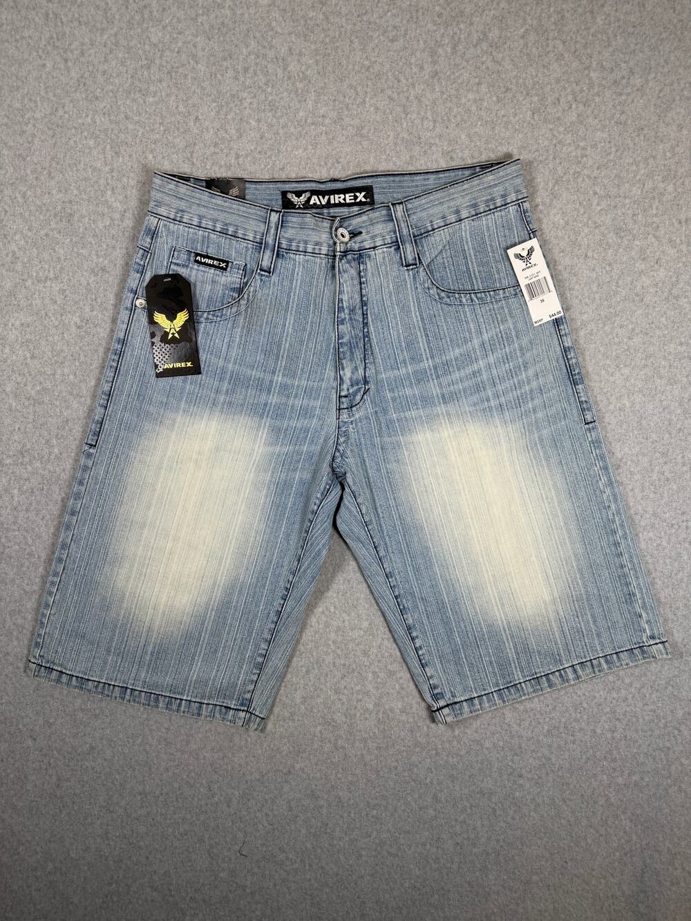 VTG Avirex Denim Pinstripe Baggy Y2K Jorts Faded Light Wash Streetwear Skater